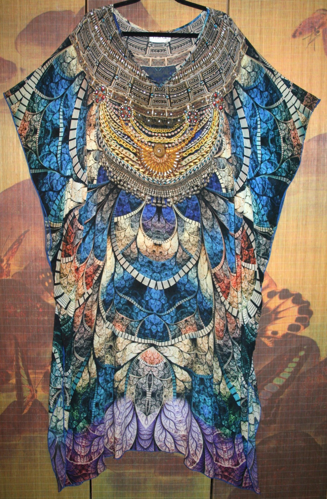 INOA XL Stunning 100% Silk Kimono Dress 60″Bust Mythical Print Long Embellished
