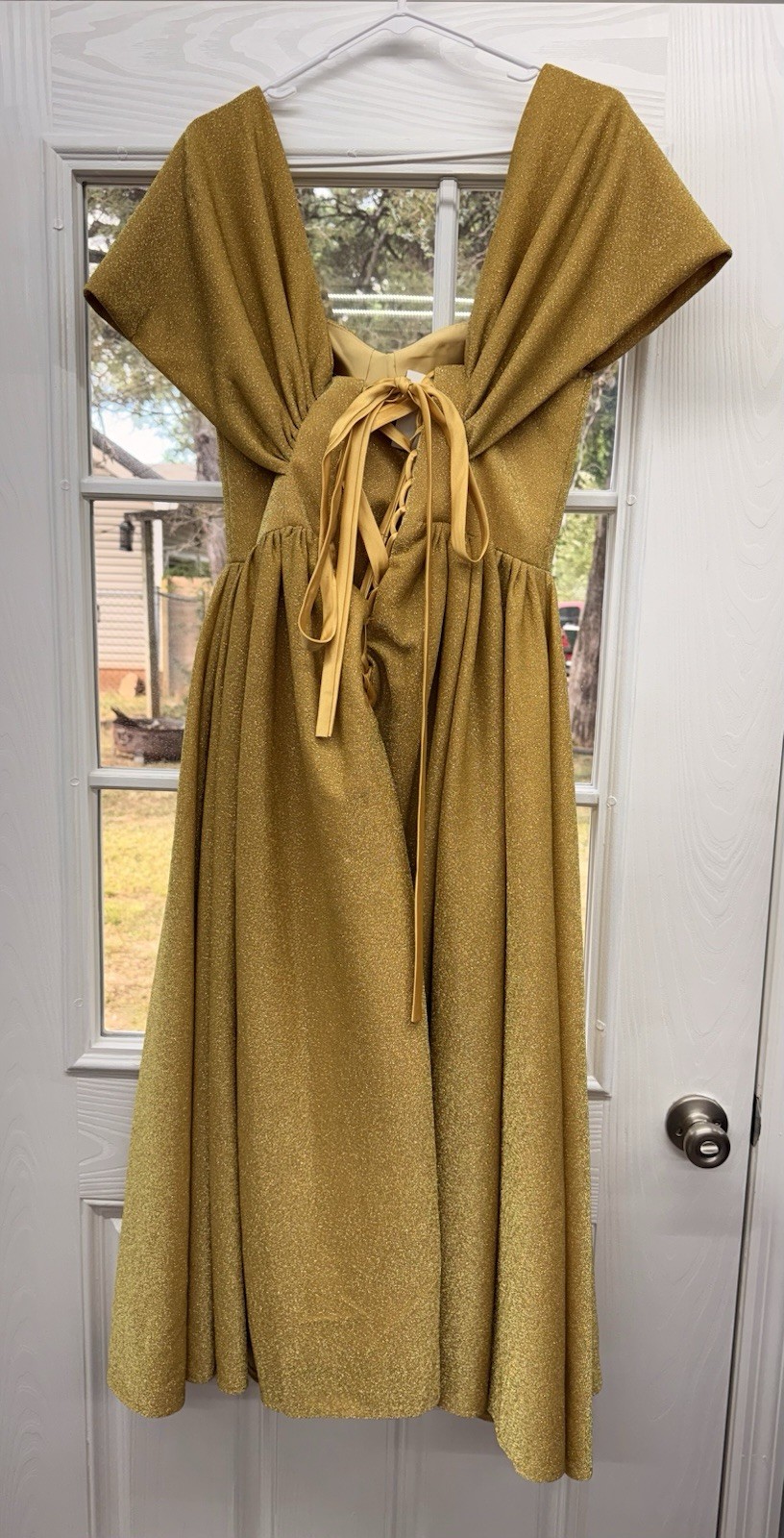 Gold Colored, Shimmer-Fabric Midi Dress With Ruched Sleeves