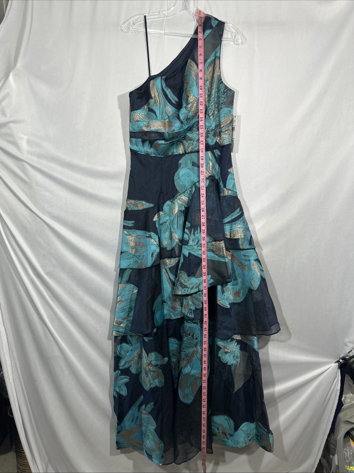 NWT Aidan Mattox [ 10 ] One Shoulder Tiered Ruffle A-Line Metallic Gown J2006