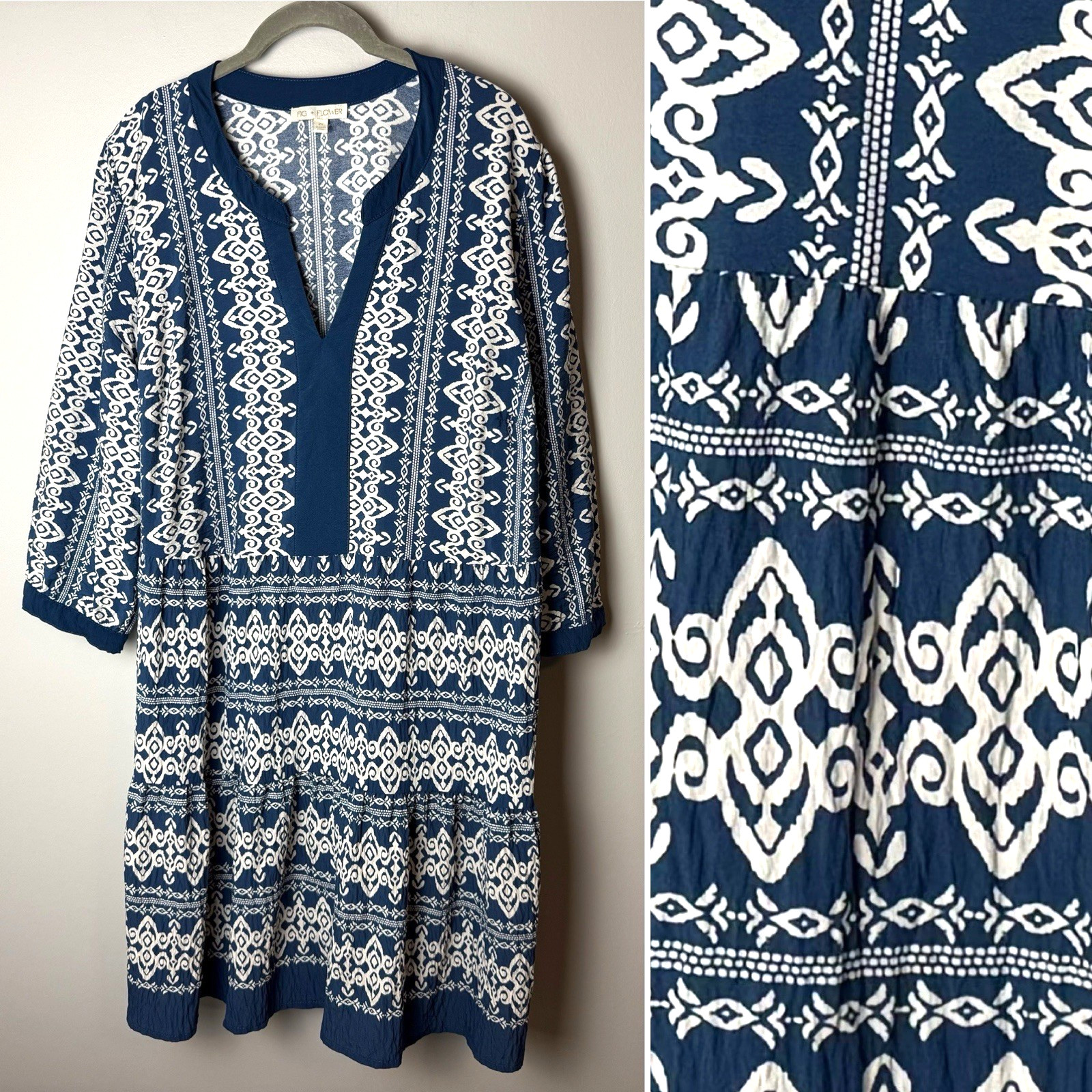 Fig & Flower Dress Size XL Blue Ivory 3/4 Sleeves Ikat Inspired V-Neck Boho
