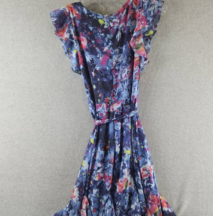 Lauren Ralph Lauren Print Ruffle-Trim Crinkle Georgette Gown Womens 4 Blue Multi
