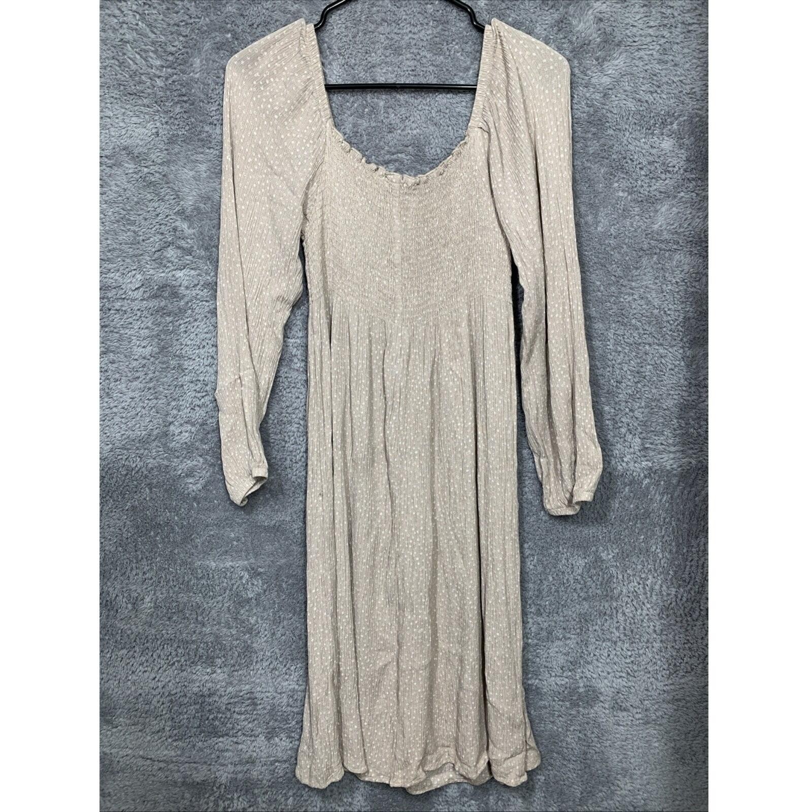 NLT Smocked Midi Dress WomensMedium Tan Polka Dot Square Neck Long Sleeve ND7263