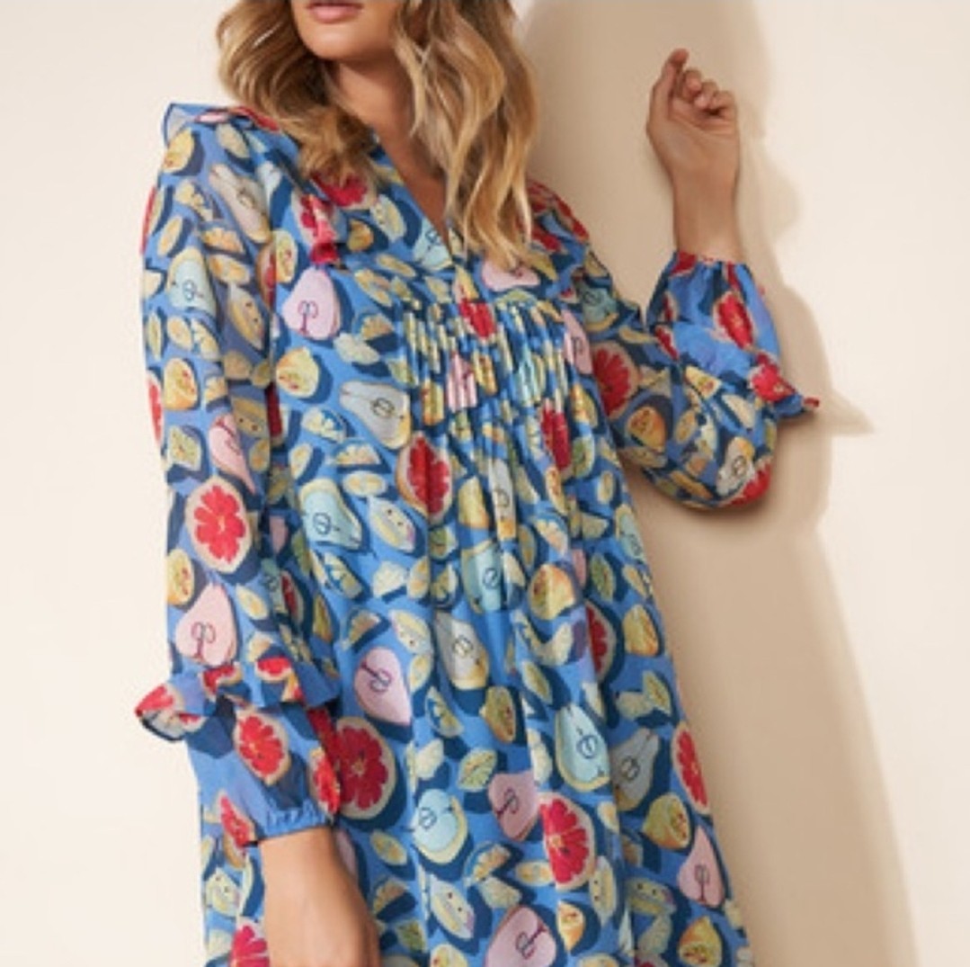 Hutch Anthropologie Fruit Pattern Chiffon Midi Dress Small Ruffle Shoulders