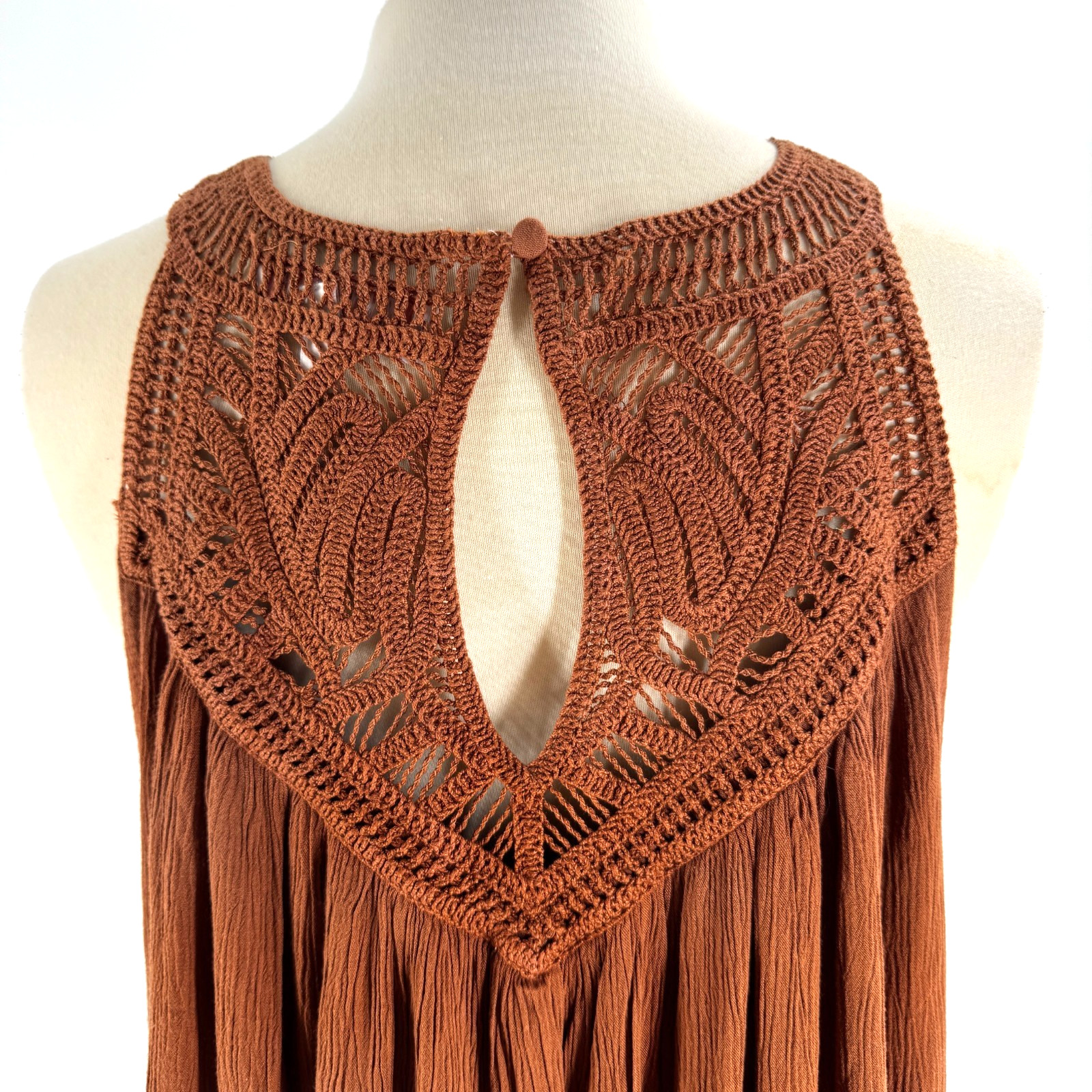 NEW SHYANNE Crochet Yoke Crinkle Mini Dress Women’s XXXL Brown Coachella Western