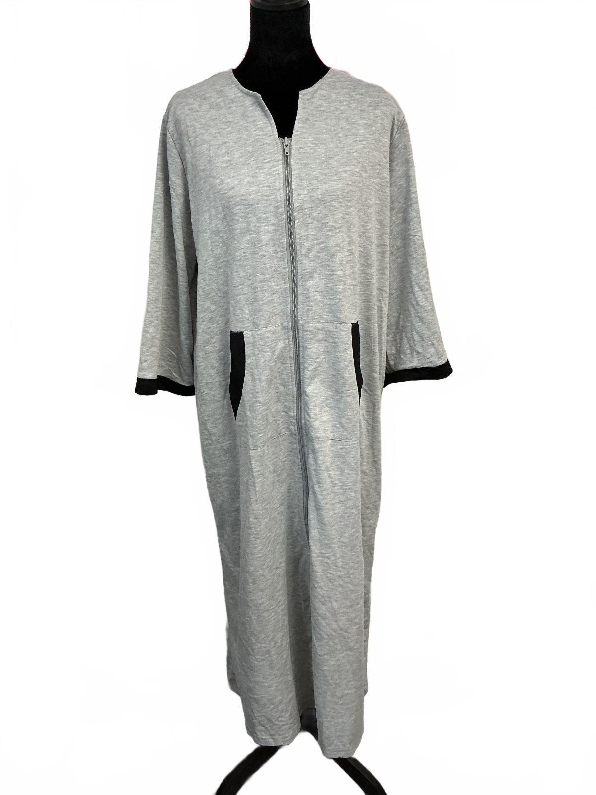 Ekouaer Women’s Long Grey Zip-Up Lounge Dress with Black Trim, Size M
