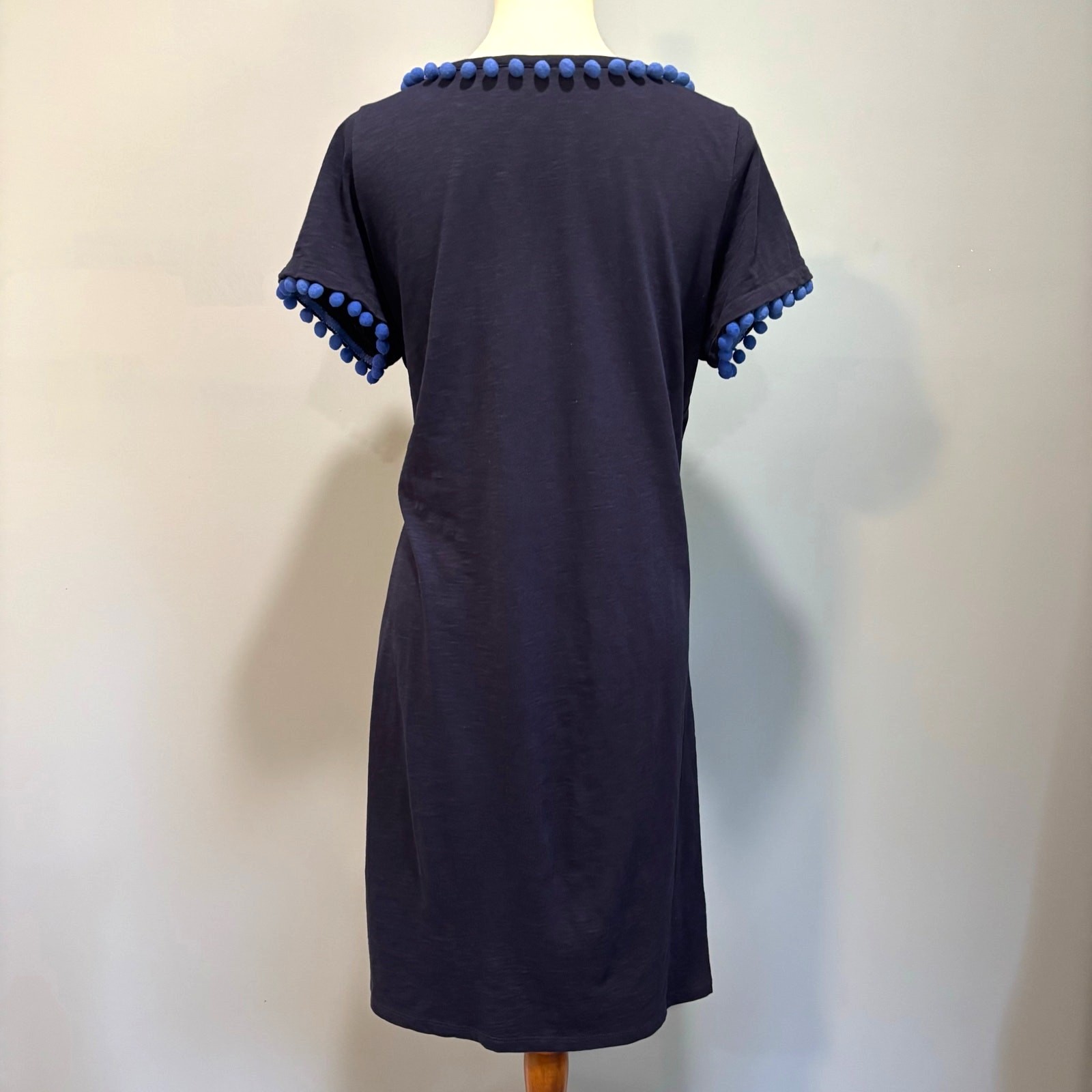 Boden Bridget Navy Pom Pom Slub Cotton Shift Dress Coastal Preppy Size 12
