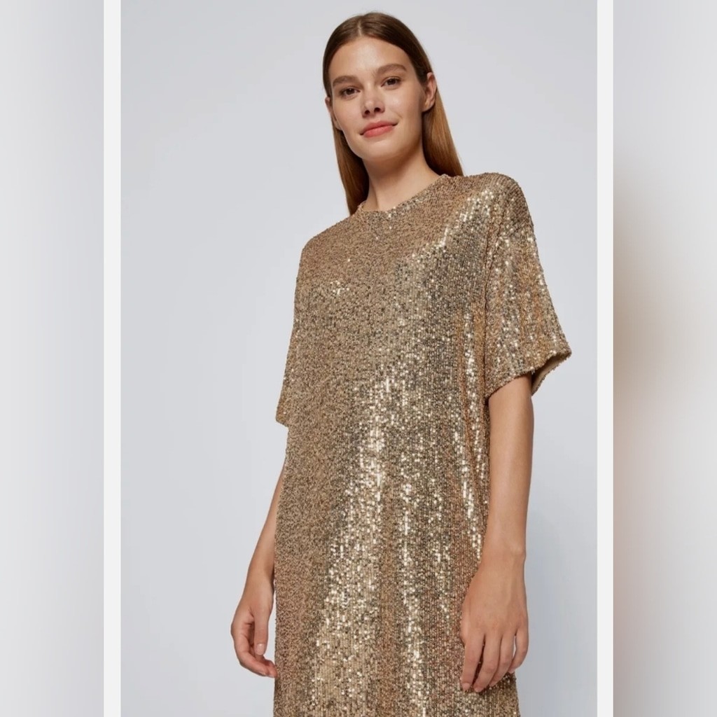 NWT Boss by Hugo Boss C Esenni Gold Sequin Mini Shift Dress Women’s Size Small