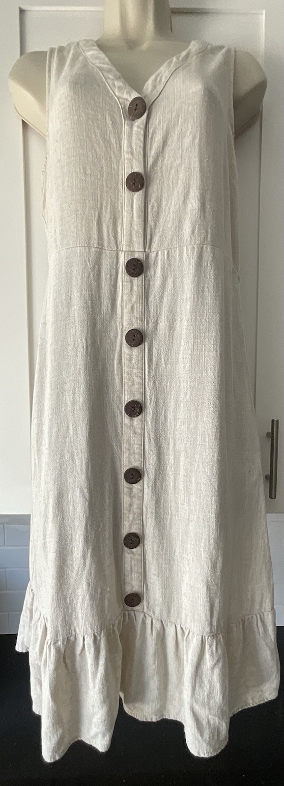 Monteau Los Angeles Linen Blend Button Front Ruffle Hem Midi Dress Cream Sz XL
