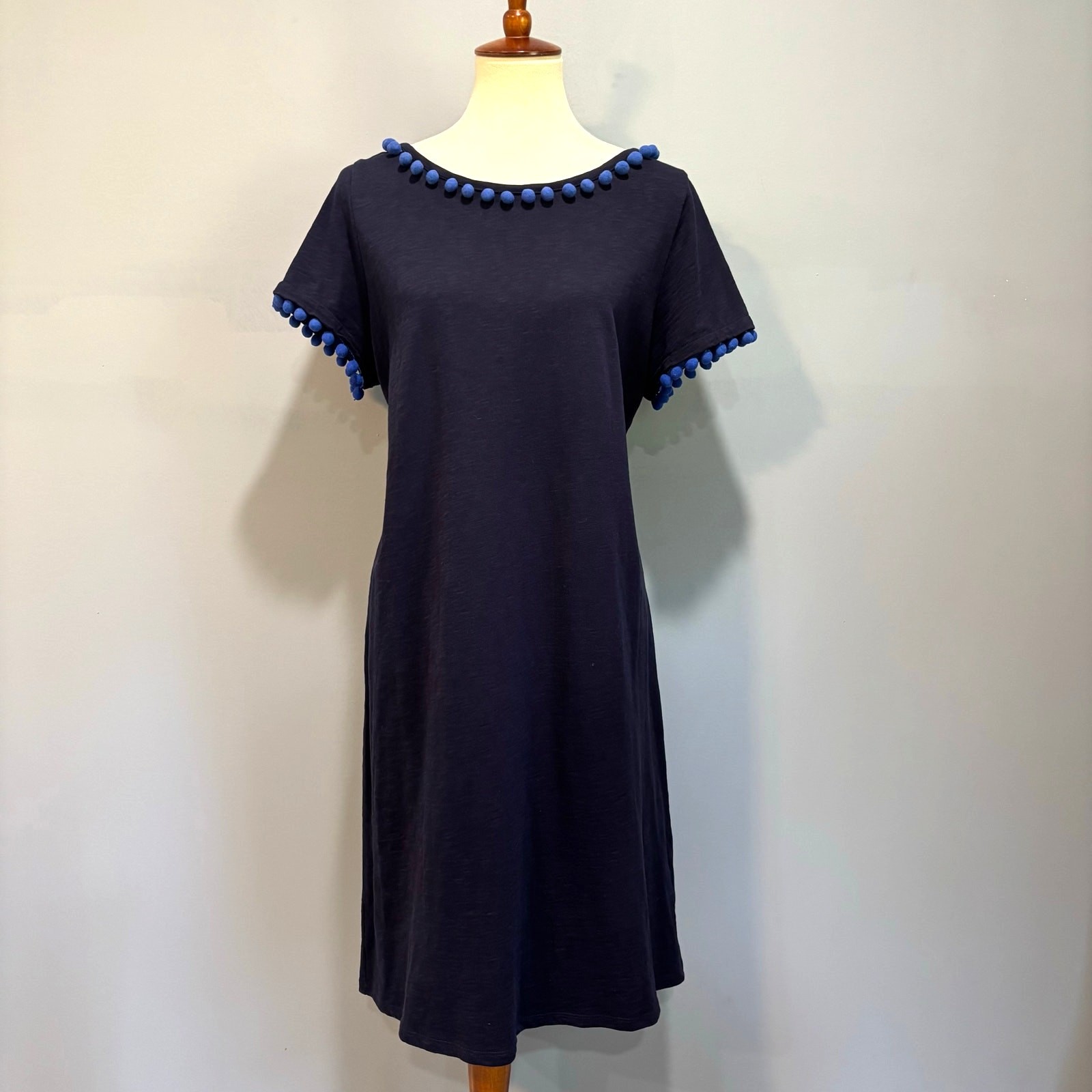 Boden Bridget Navy Pom Pom Slub Cotton Shift Dress Coastal Preppy Size 12
