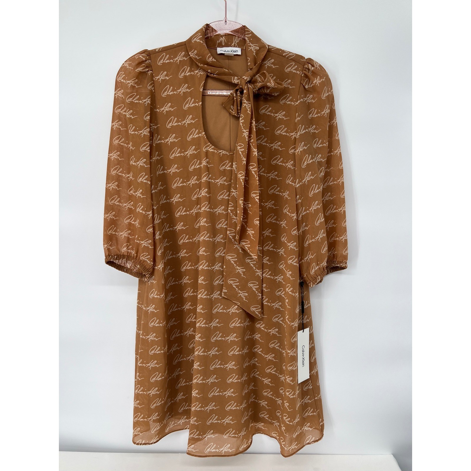 Calvin Klein Womens Dress Sz 2 Brown Sheer Long Sleeve Tie Neck Signature Print