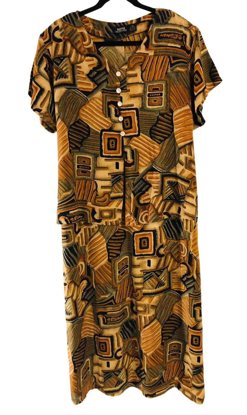 vtg 80s MPH Tribal Aztec Shift Maxi Dress Sz 2X Rayon Short Sleeve