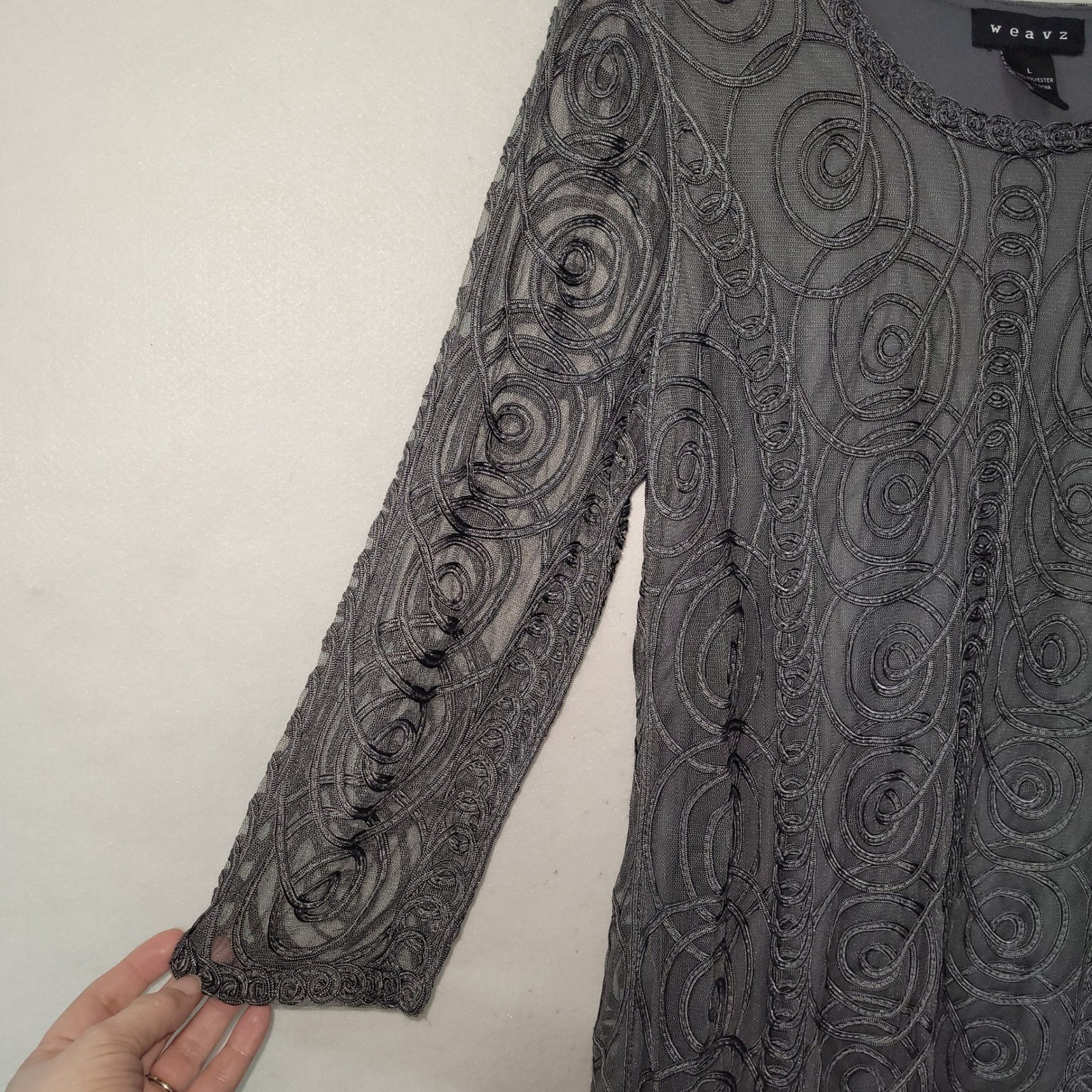 Weavz Designer Dress Gray Swirl Embroidered Mesh Overlay L Long Sleeve Sheath