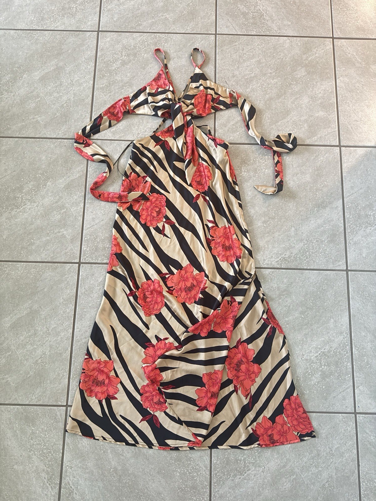 Topshop Satin Slip Maxi Dress V-Neck Backless Side Slit Floral Zebra US 8