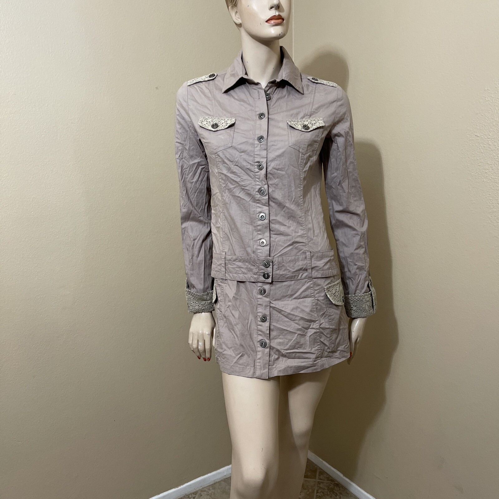 Women’s Beige Cotton Casual Collared Belted Lace Pickets Size S Button-up Dress