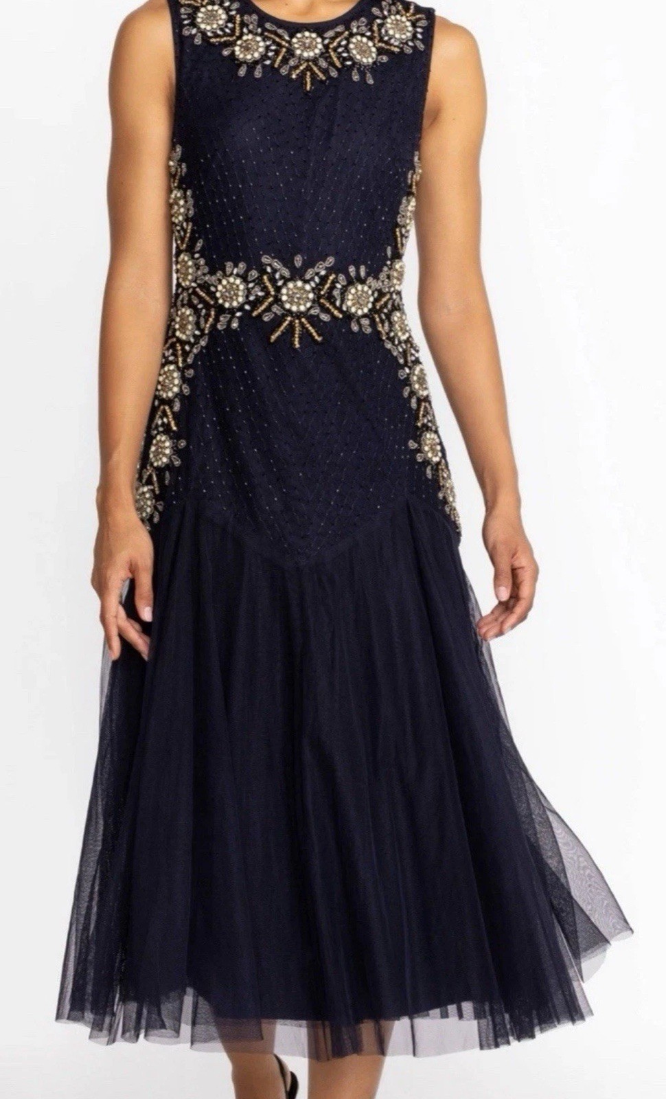 Johnny Was Dress 12 Dark Blue Gold Embellished Mesh Midi Beaded Floral Flare NWT