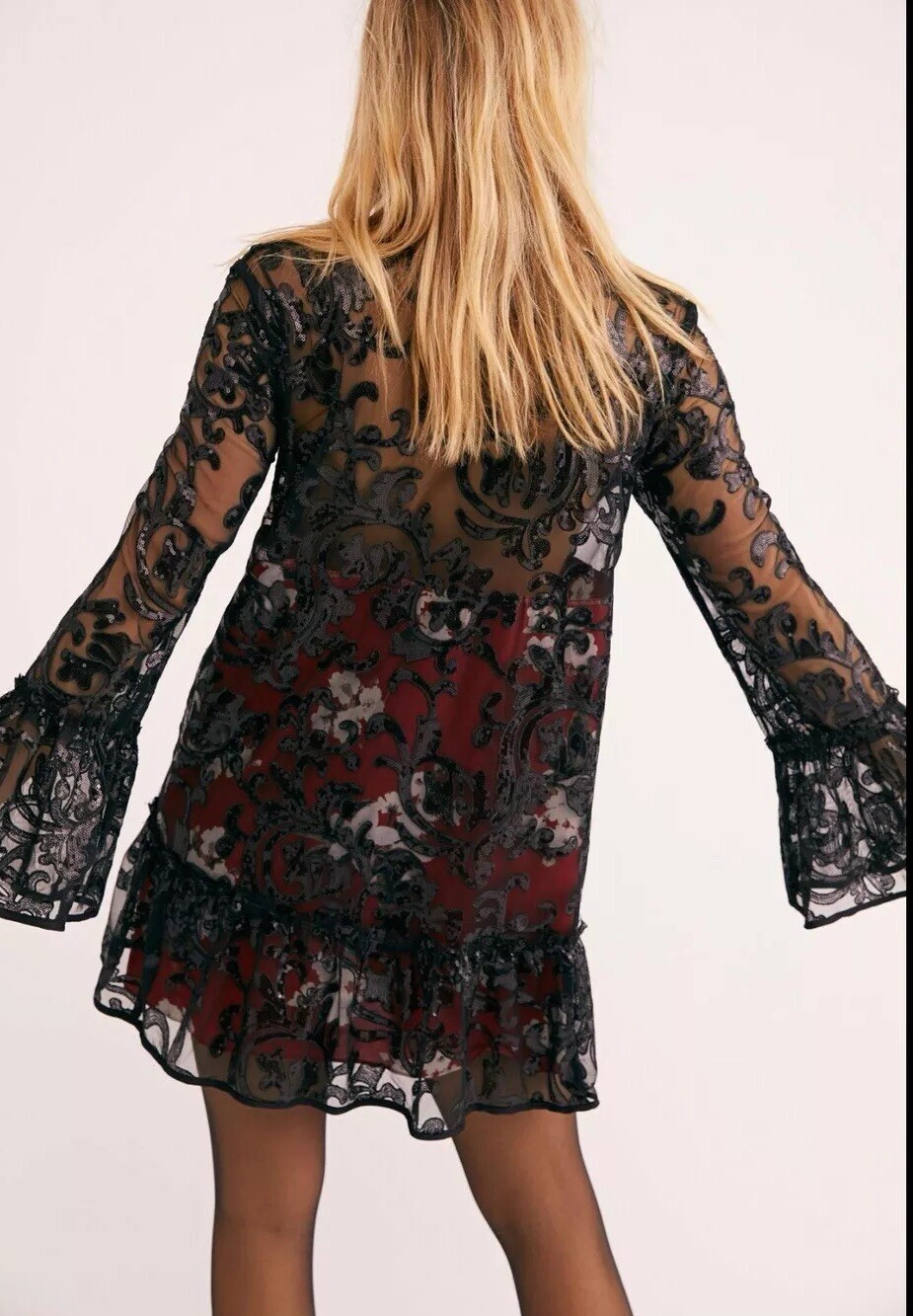 Free People Falling Flowers Frock Mini Dress Red Black Sequins