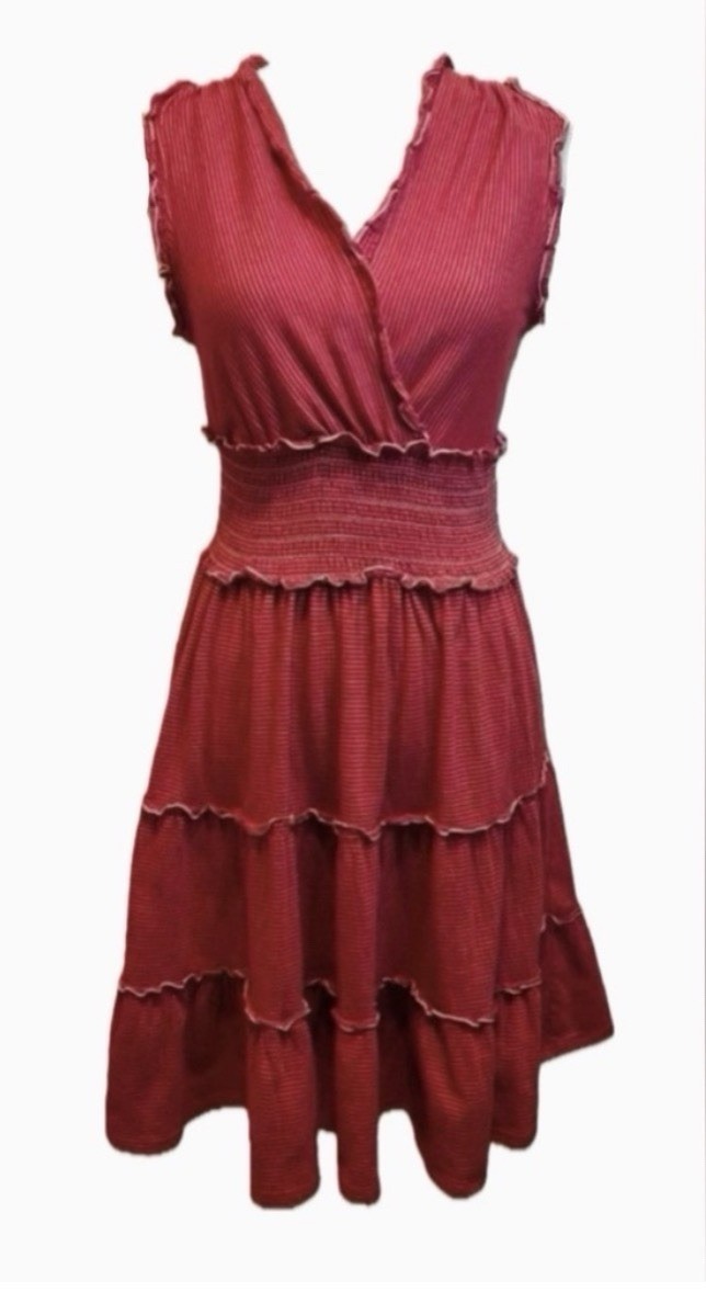 Max Studio Dress. Red White Pin Stripe Ruffle V-Neck Sleeveless
