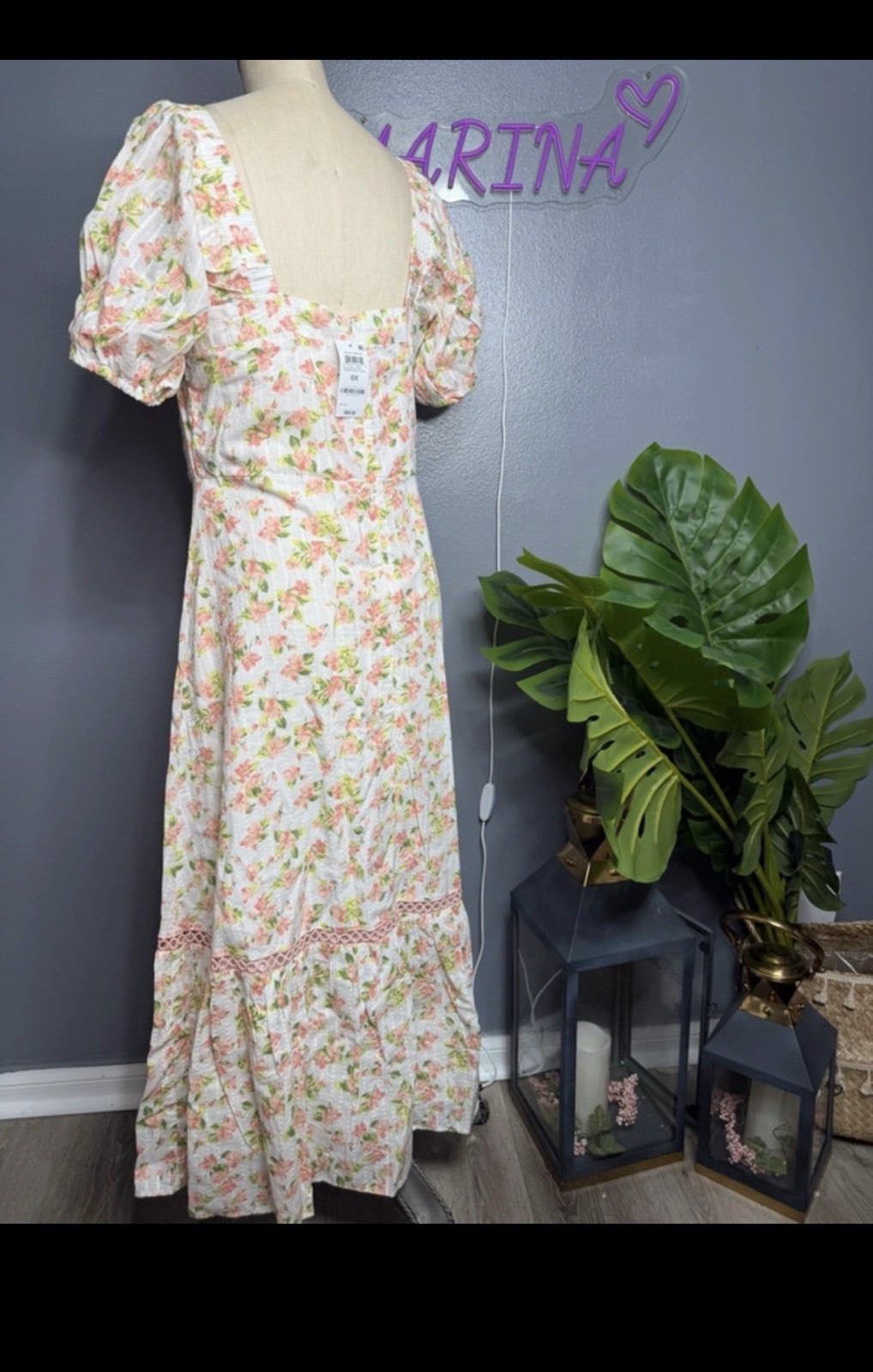 White Pink Green Floral Smocked Ruffle Square Neck Puff Sleeve Midi Dress M