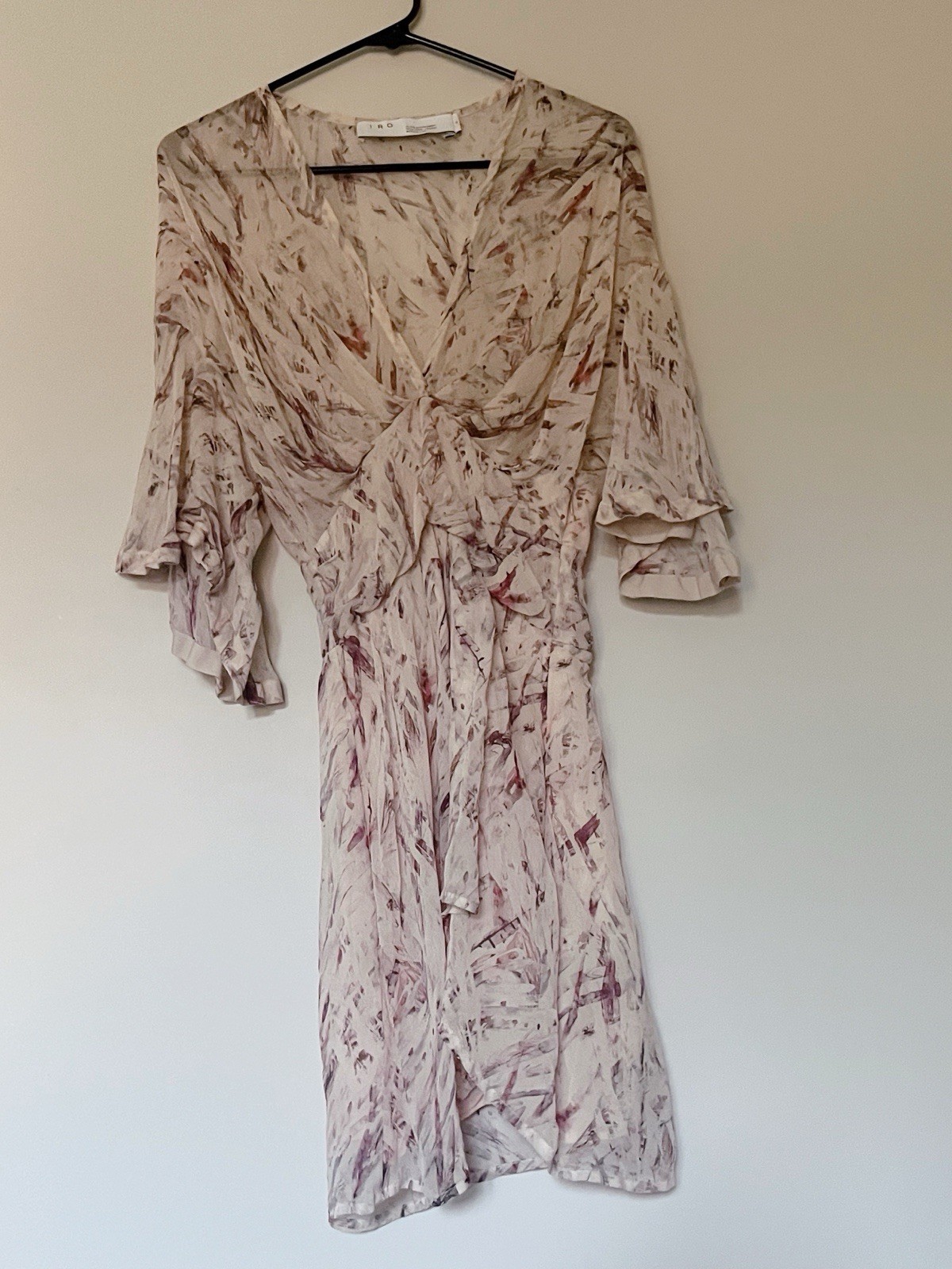 $500 IRO Pommie Silk Pink Flutter Sleeve V-Neck Draped EU 36 Chic Mini