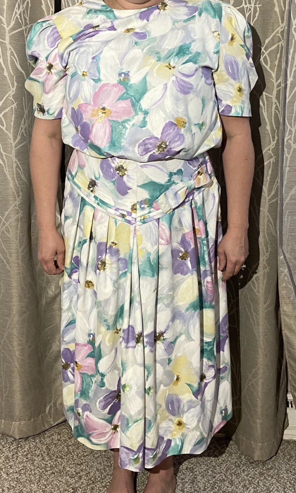Vintage 80s Pastel Floral Midi Dress Classic Fitted 12 Shoulder Pads Bow Pleated