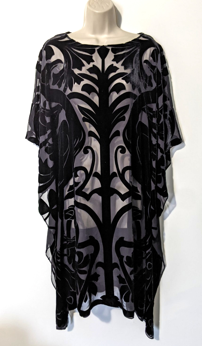 Zara Woman Kaftan Velvet Burnout Swim Cover Sz Med Black Silk Blend Sheer Black