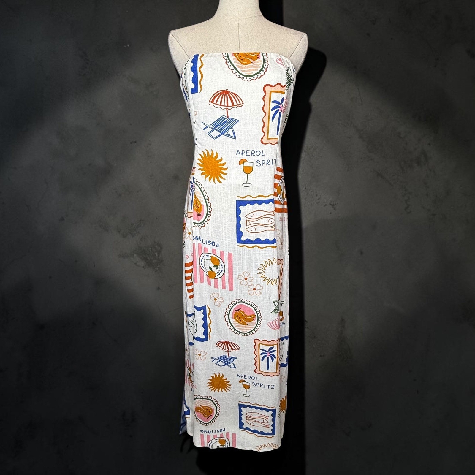 Paper Heart Anthropologie Aperol Spritz Sardine Linen Strapless Maxi Dress sz S
