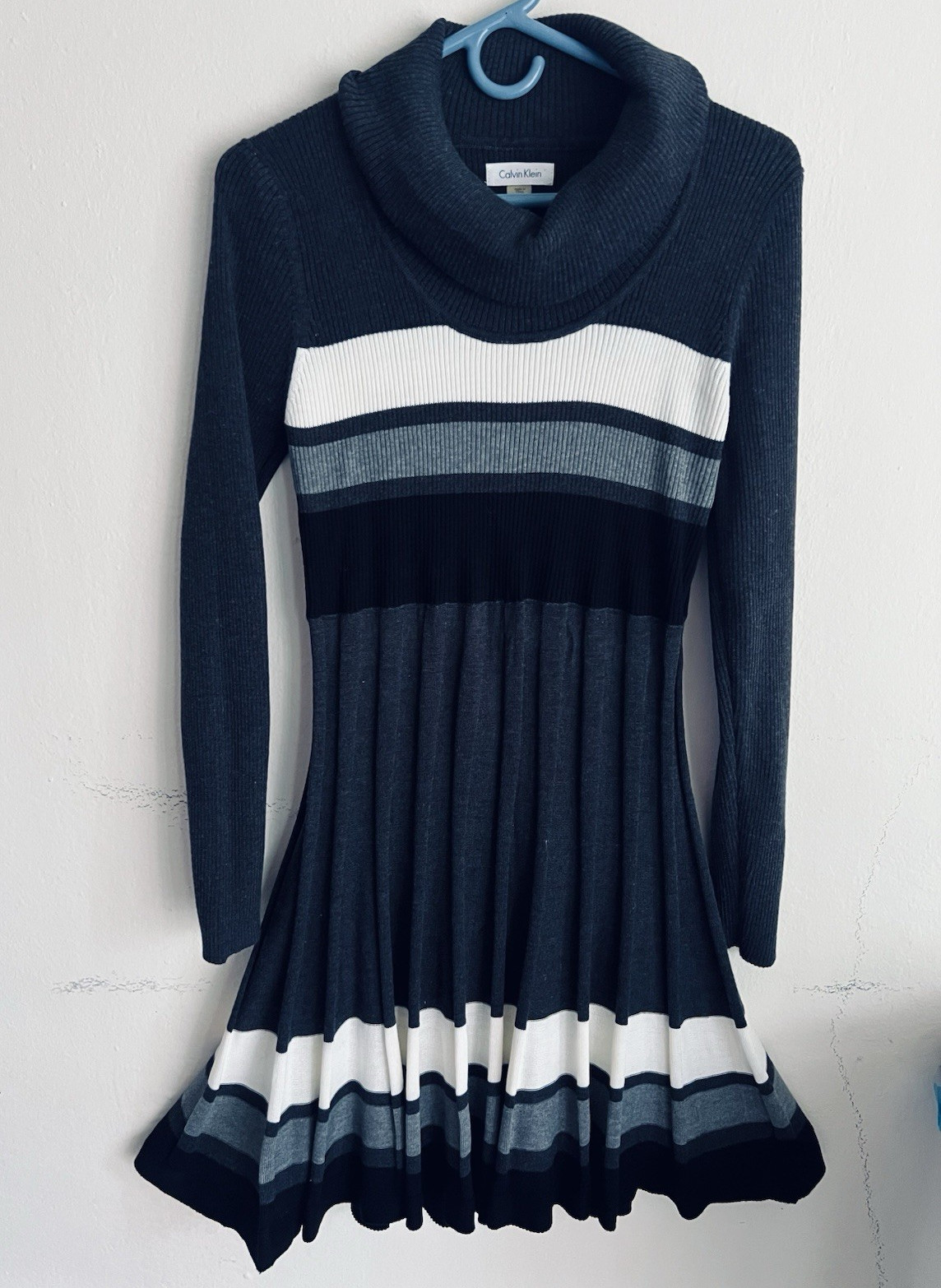 Calvin Klein Fit & Flare Dress Black Gray White Striped Cowl Neck L