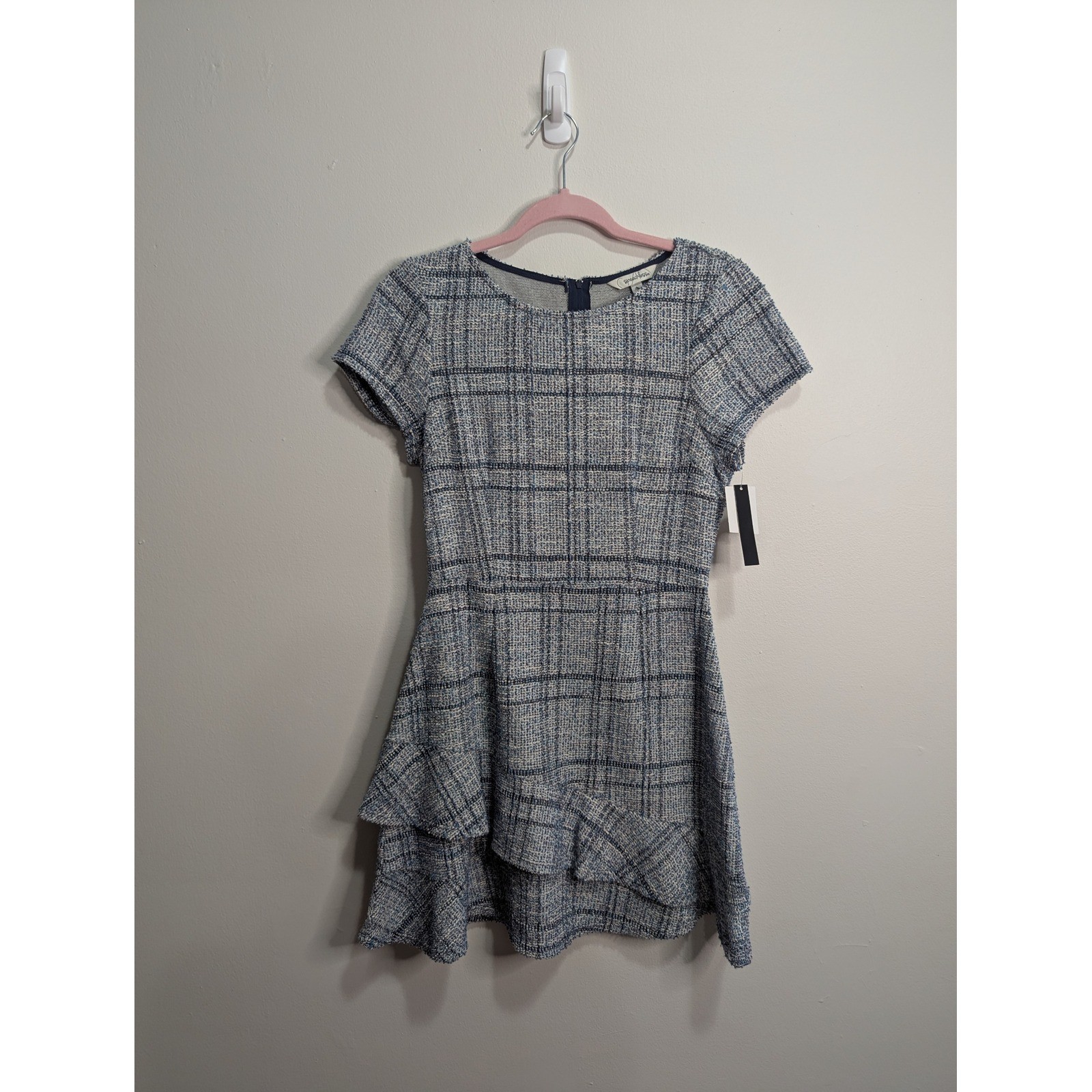 Speechless Womens Ivory Teal Blue Plaid Tweed Ruffle Fit Flare Dress JA33183J815