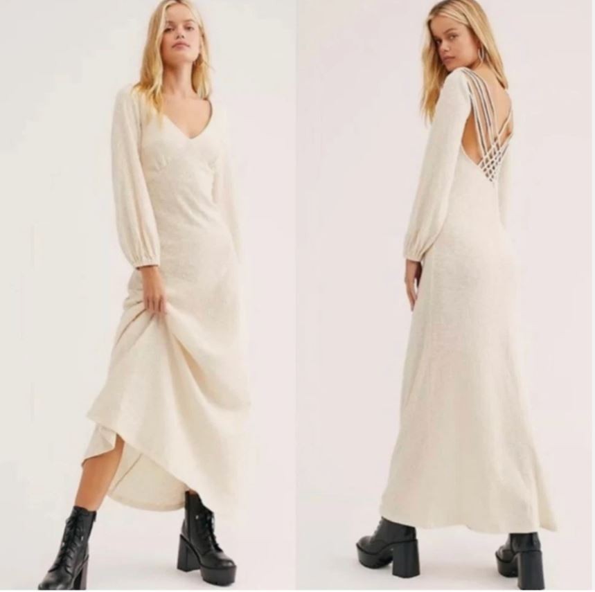 Free People Beach Amalfi Maxi Dress Strappy Open Back Ivory Sz XL Cotton Flowy