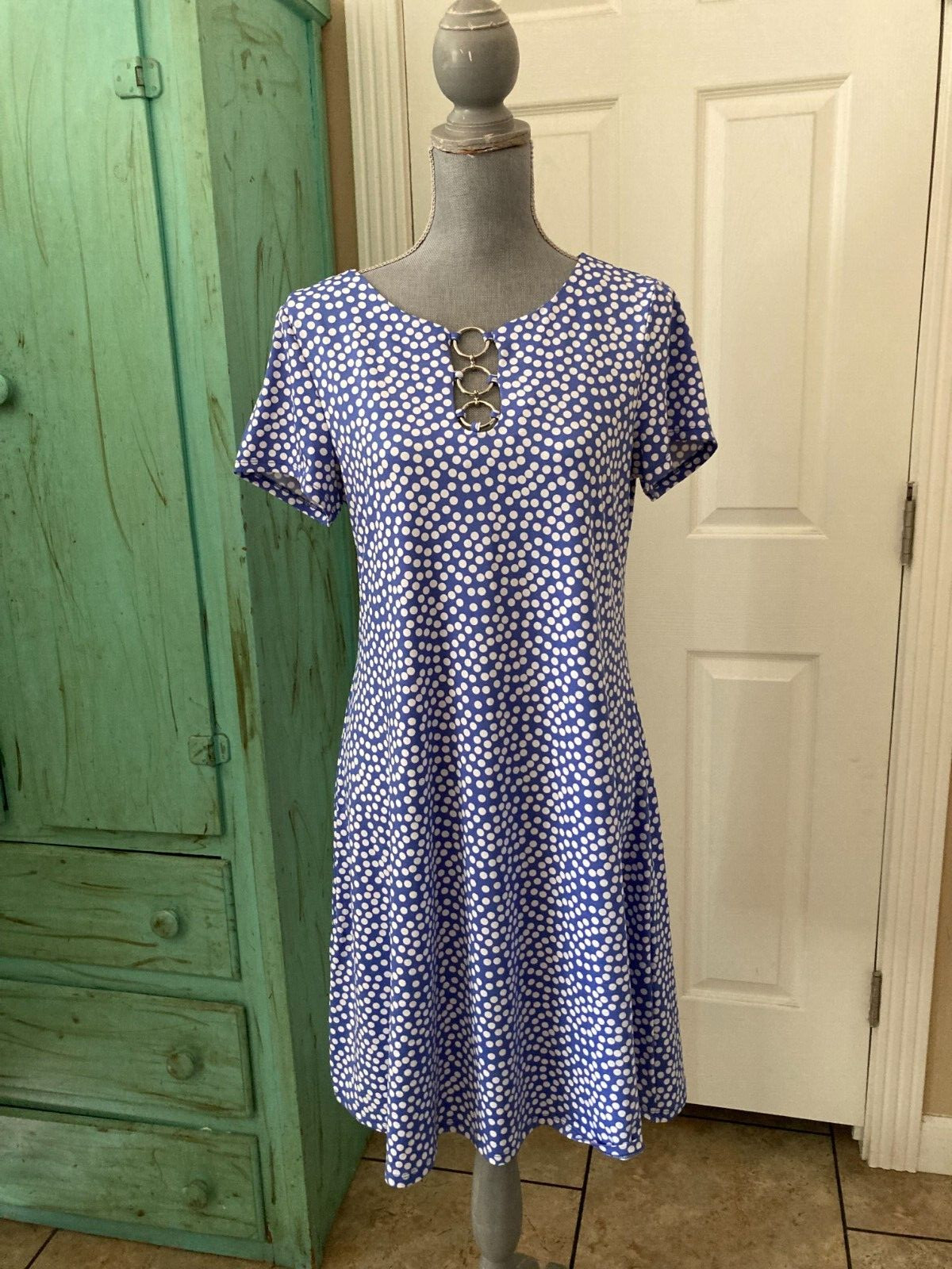 IVY ROAD, STRETCHY, SHORT SLEEVE, POLKA DOTTED, A-LINE DRESS, MEDIUM