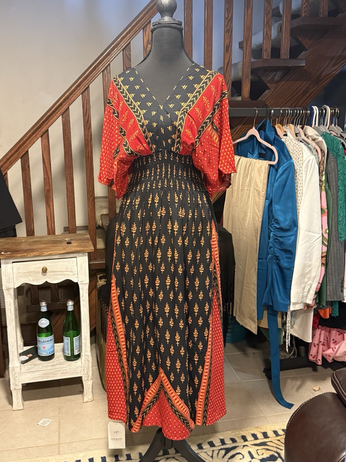 Boho Tribal Print Maxi Dress Women’s Smocked Waist Kaftan Midi Dress Red Black
