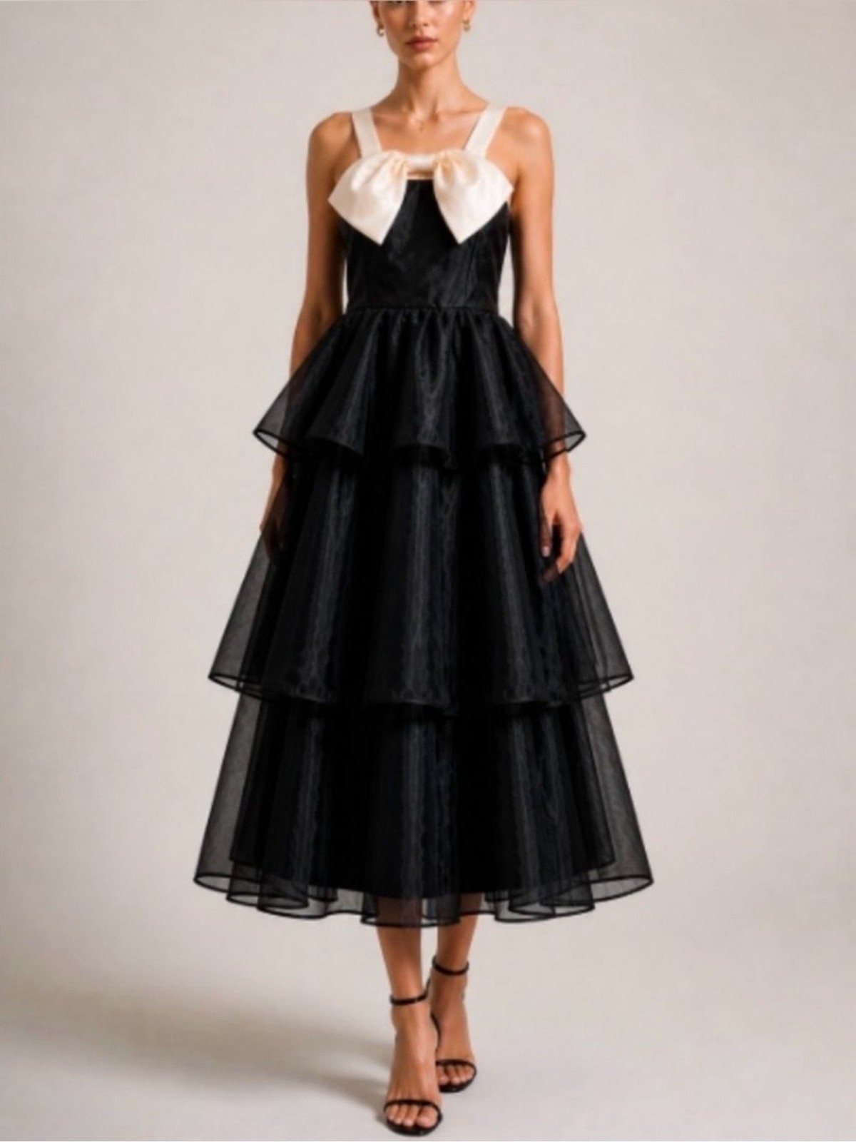 Lulus Black Cream Organza Tiered Midi Dress Satin Bow Formal Prom Gown Sz S NWT