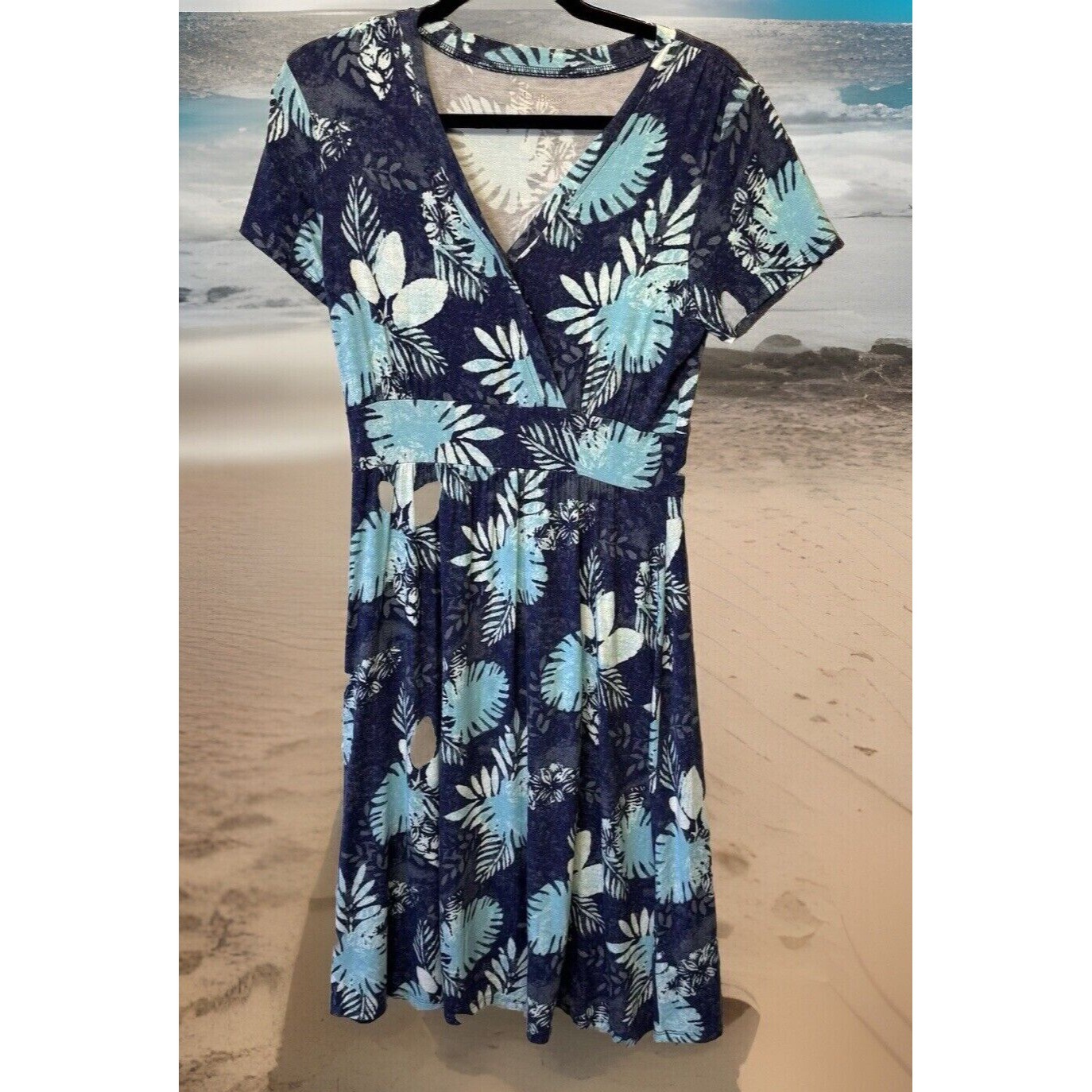 L.L.Bean Faux Wrap Dress Womens S Blue Tropical Leaf Short Sleeve Summer Casual