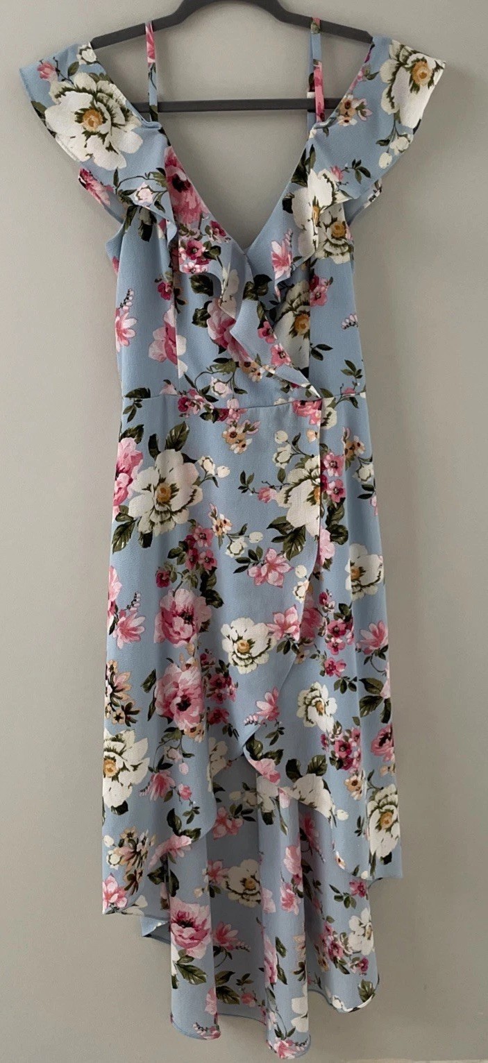 IZ Byer Blue Floral Dress Lined Hi Low Large