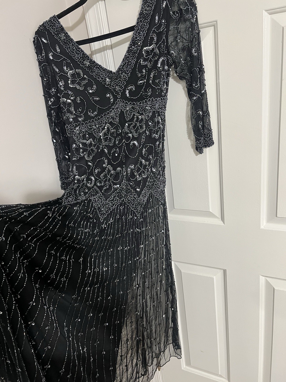 Pisarro Nights Black V-NeckBeaded Long Sleeve Evening Dress