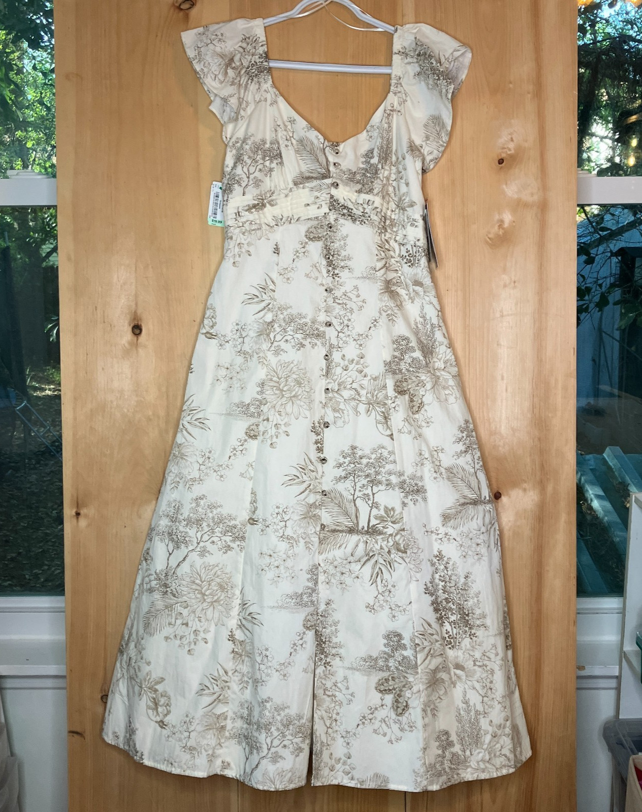 Maison Tara dress women’s size classic retro beige ruffle sleeve cotton zip NWT