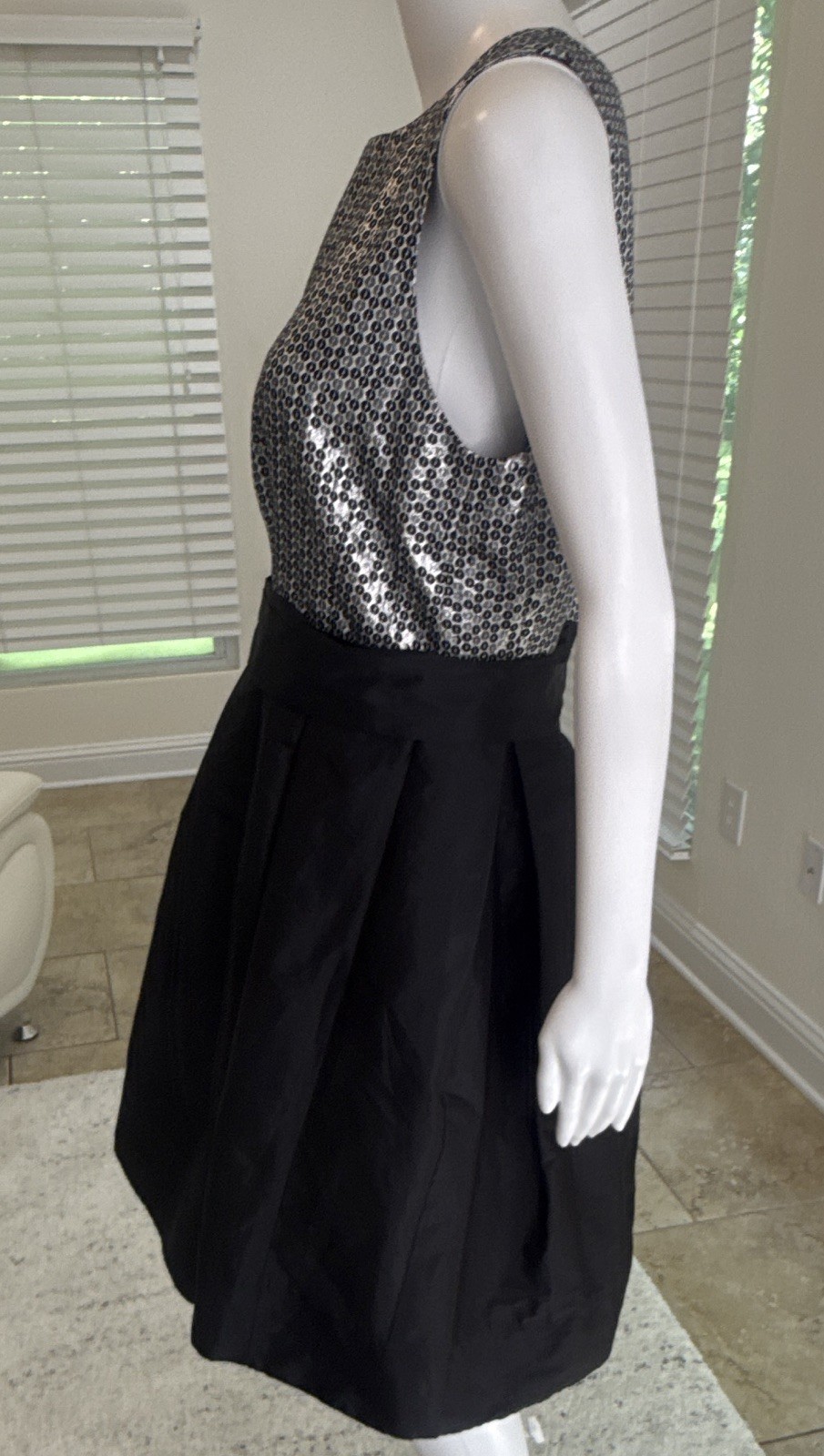 Alexia Admor Black Silver Geometric Jacquard Fit & Flare Pocket Cocktail Size M