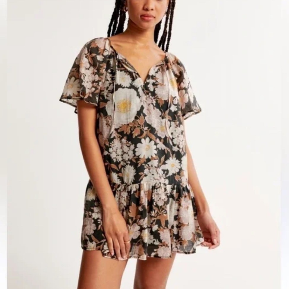 Abercrombie & Fitch Floral Floaty Trapeze Mini Dress Black Boho Tiered XL NWT