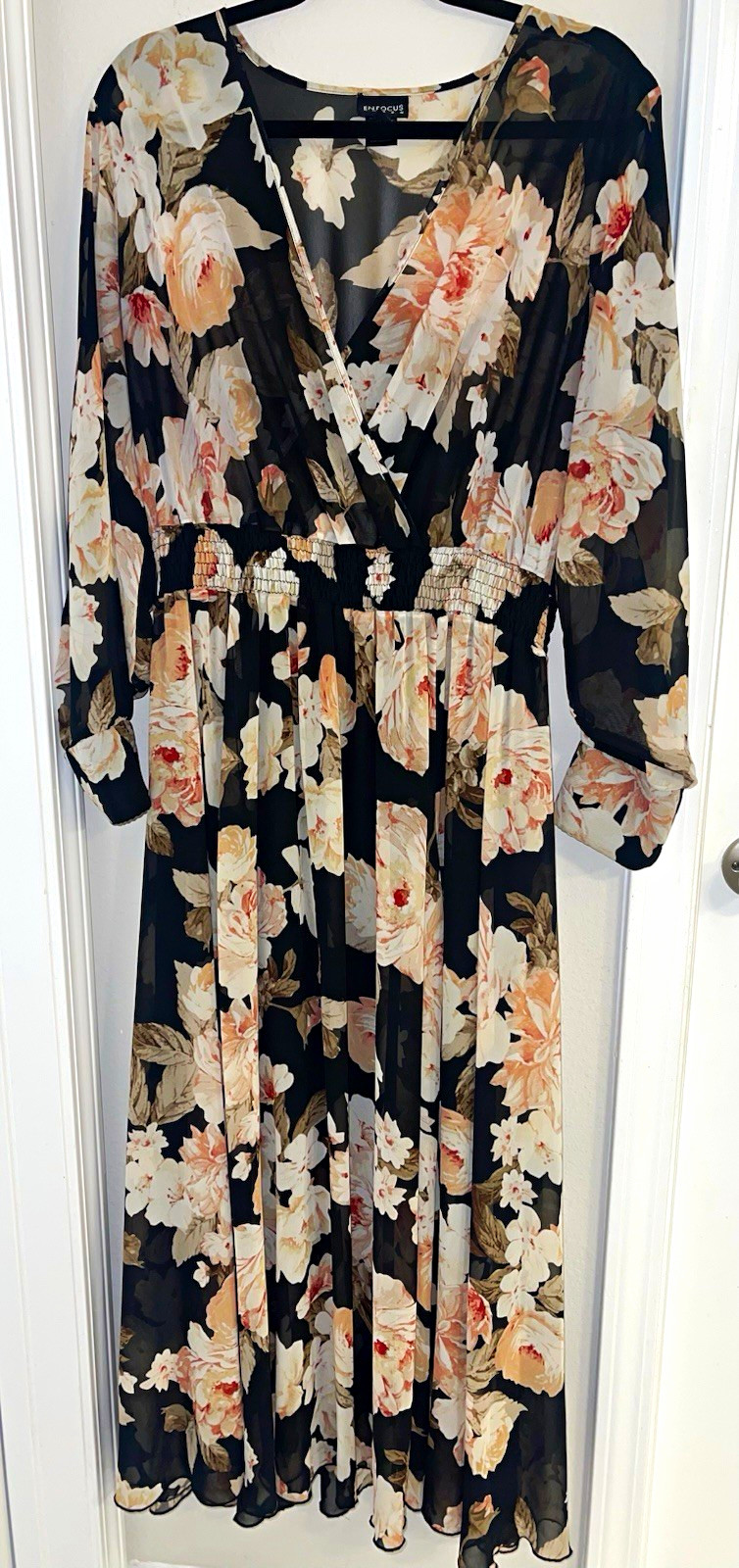 EnFocus Women 16W Black Floral Chiffon Maxi Dress Long Sleeve