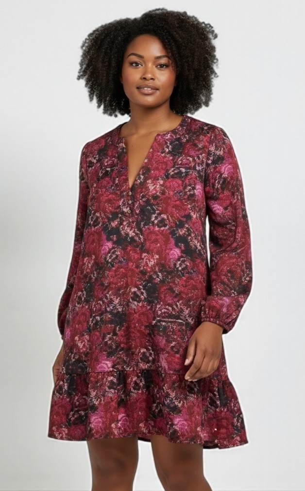 Time and Tru Long Sleeve V-Neck Dress-Size XXL-Elastic Cuff Sleeves-Front Button
