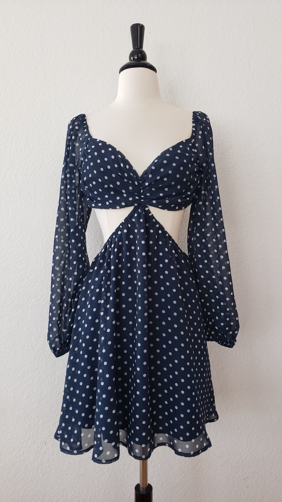 New Dress Size Large Blue Polka Dot Cut Out Tie Cottage Wedding Brunch