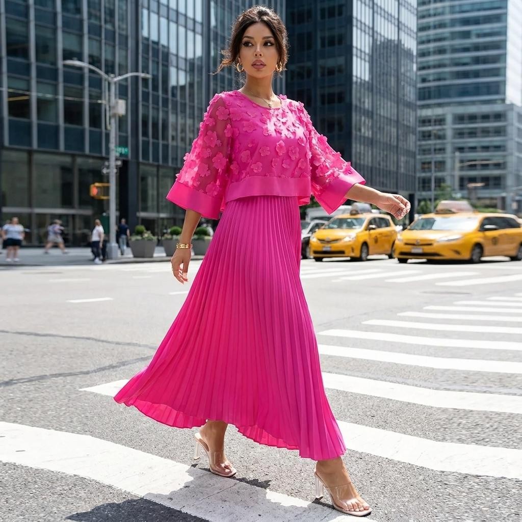 Women Pink Pleated Maxi Dress Mesh Overlay Cape Sleeve A-Line Elegant S-XXL US