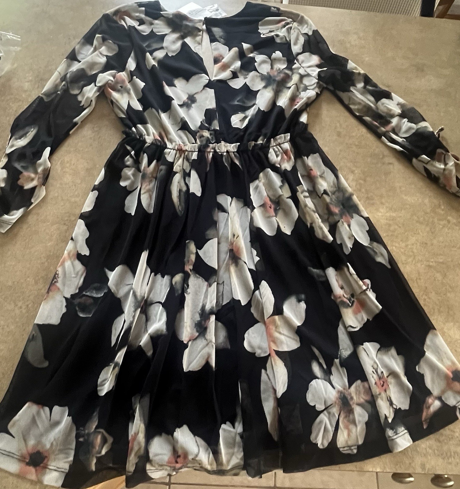NWT Black Floral Dress – Size Large – A-Line – Sheer Half Sleeves – Lined