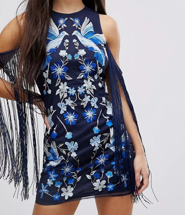 Embroidered Bird Dove Print Fringe Cold Shoulder Boho Party Shift Dress