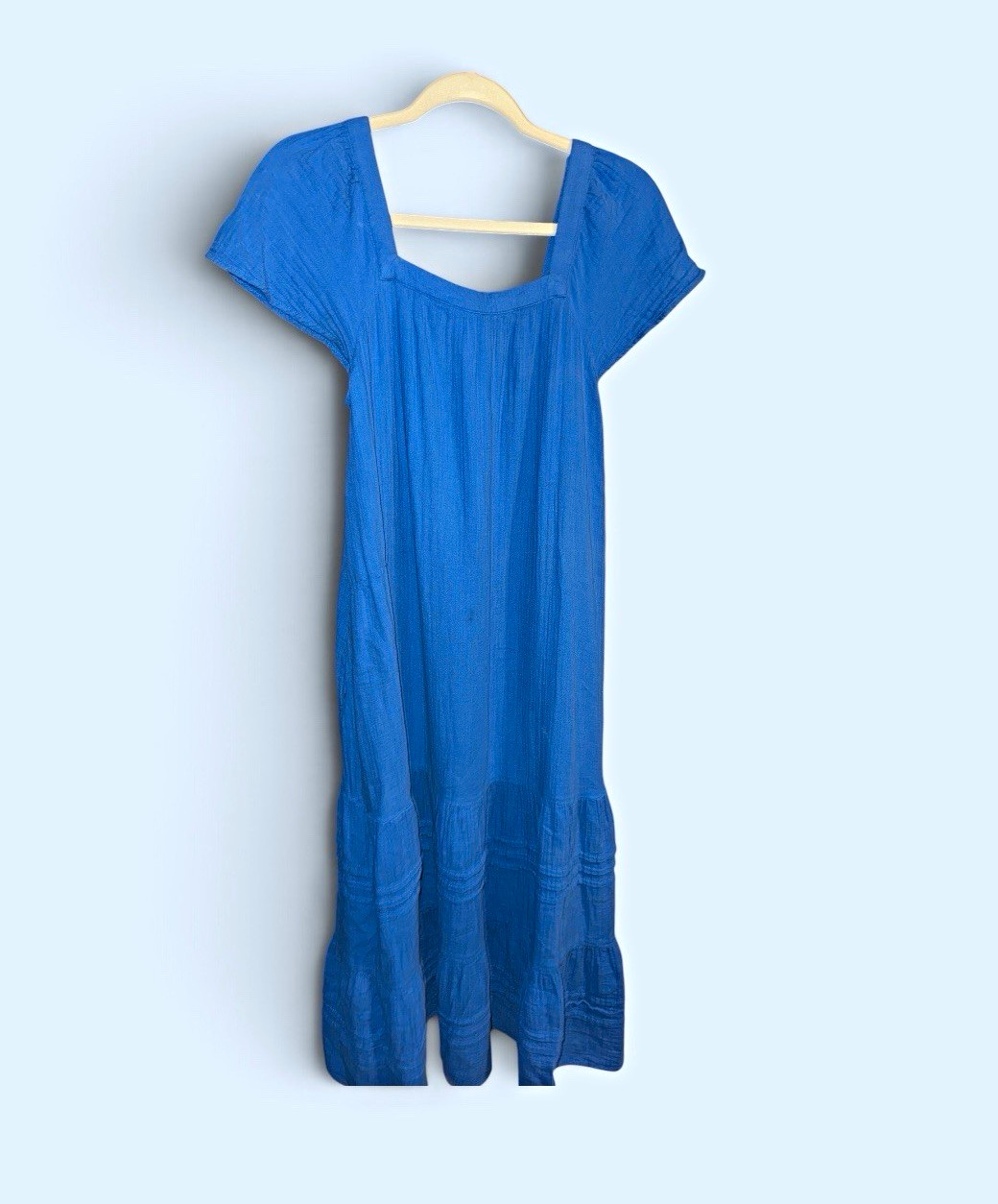 Blue Square Neck Short Sleeve Midi Shift Dress, Cotton Woven Pullover Size S