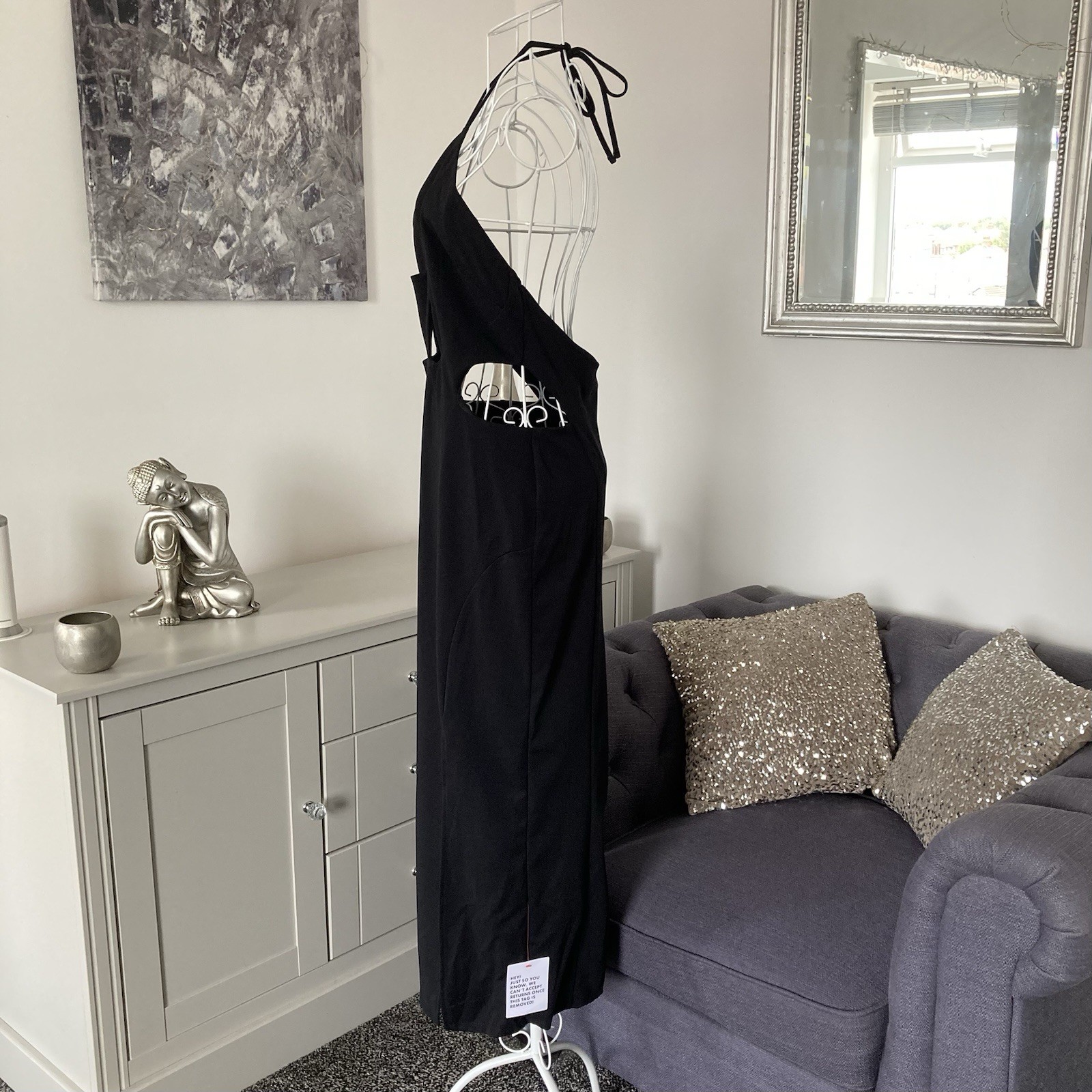 Black Halter Neck Cut Out Detailing Open Back Front Side Split Midi Dress 14 P