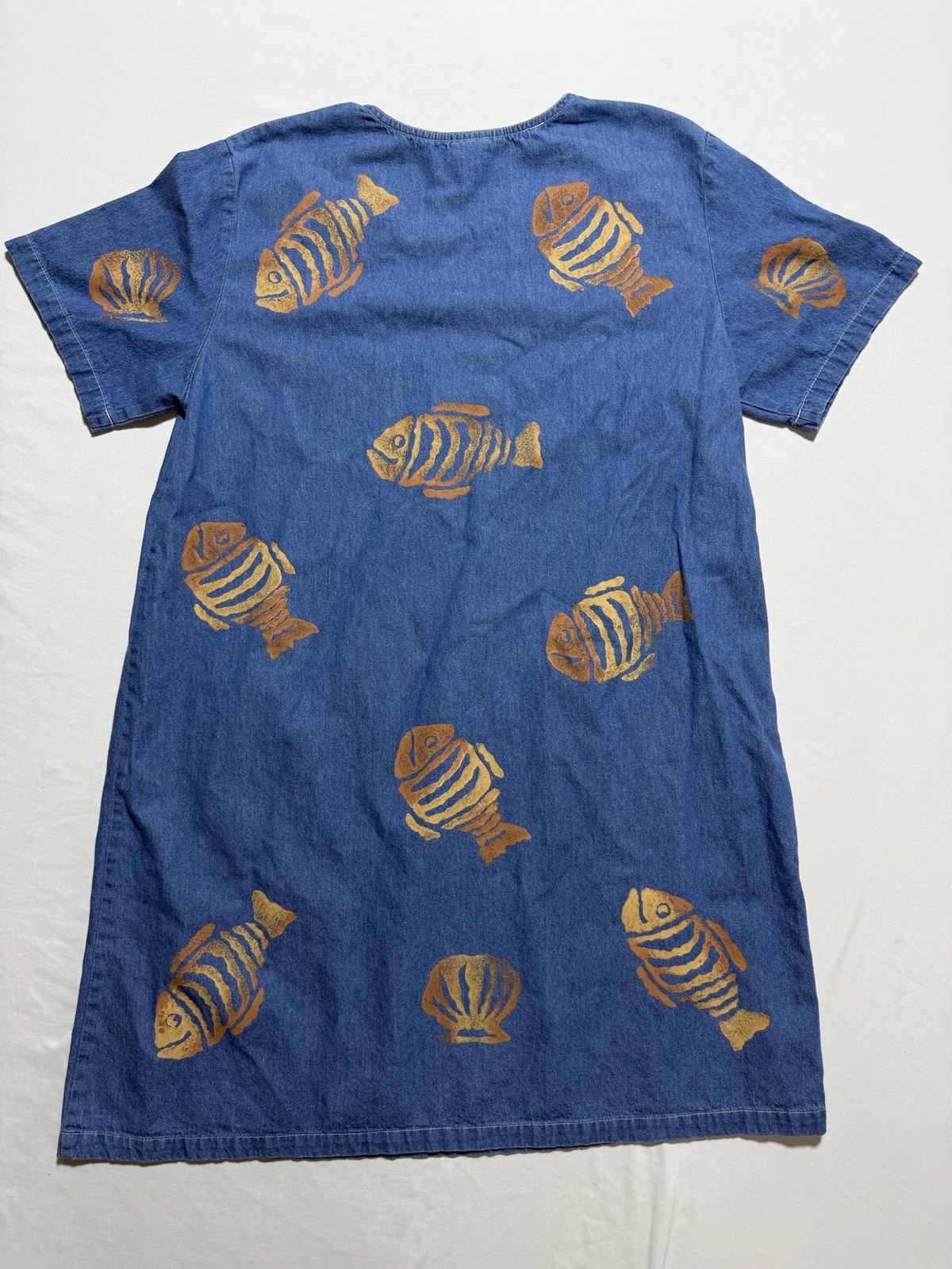Match Point USA Vintage Denim Shift Dress XL Gold Fish Seashell Print Pockets
