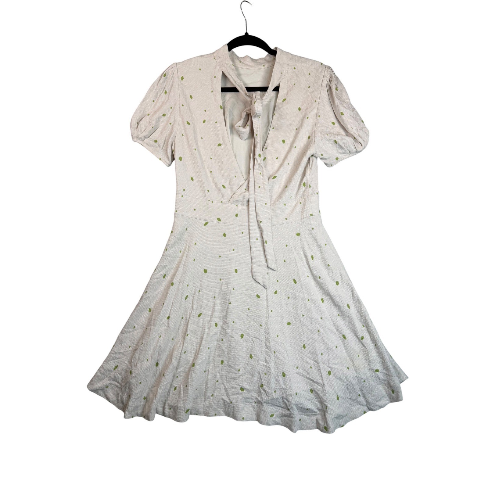 Free People Cream Green Polka Dot Open Back Tie Mini Dress Size 8 Short Sleeve