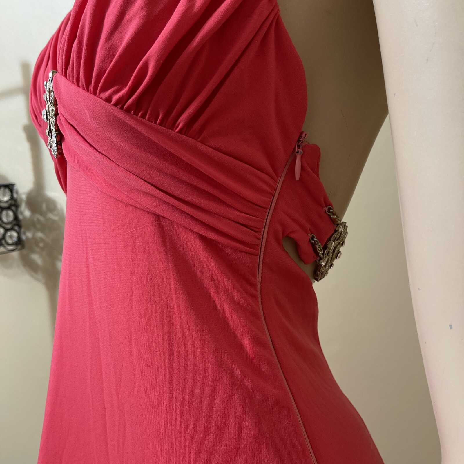 Women’s Coral Polyester Party Open Buckle Metal Belt Bead Size 8 Evening Dress