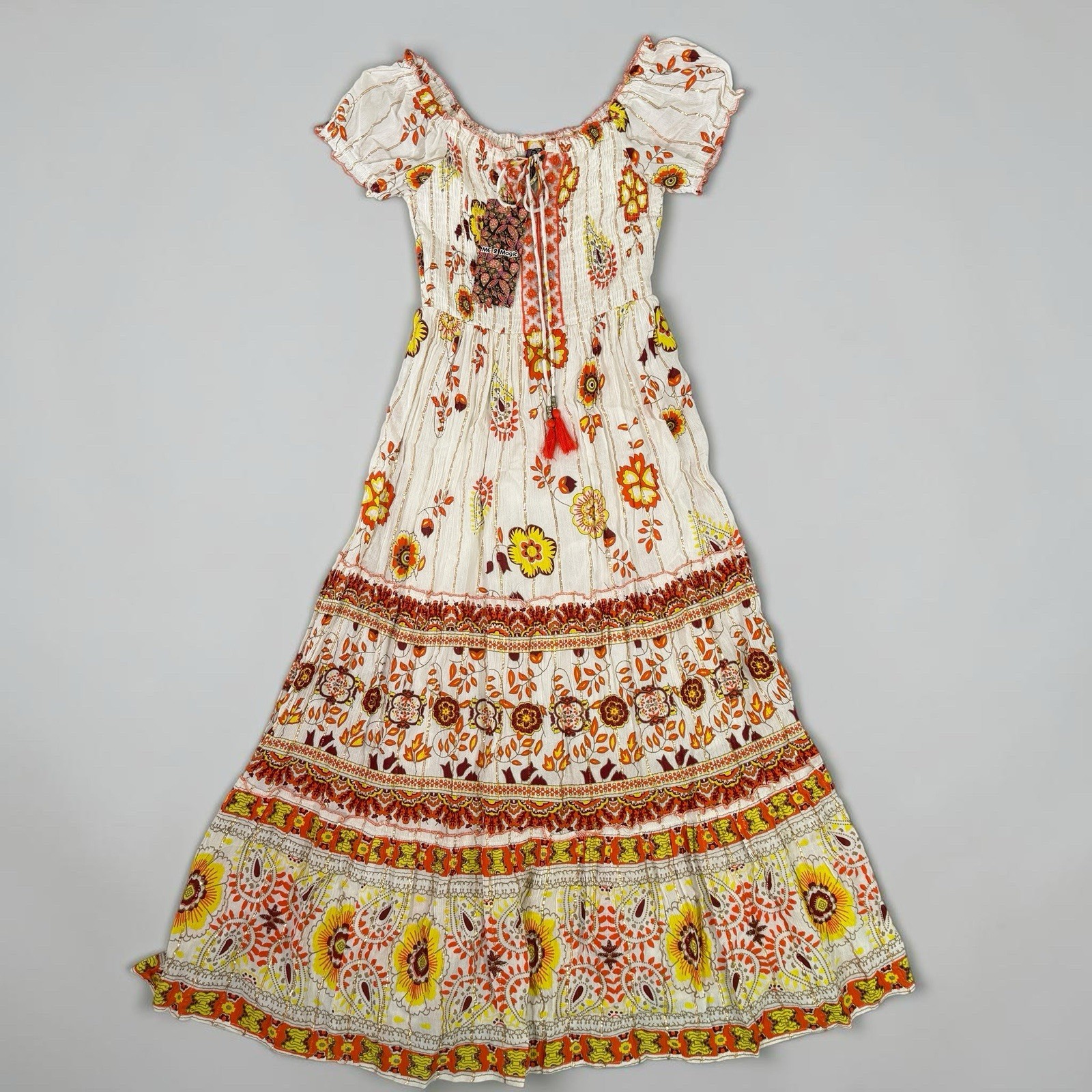 Me 2 Magic Anthropologie Maxi Dress Ivory Multicolor Sequins Gold Boho Gypsy M